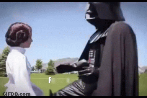 A Man In A Darth Vader Costume Is Standing Next To A Woman In A White Dress In A Field . GIF