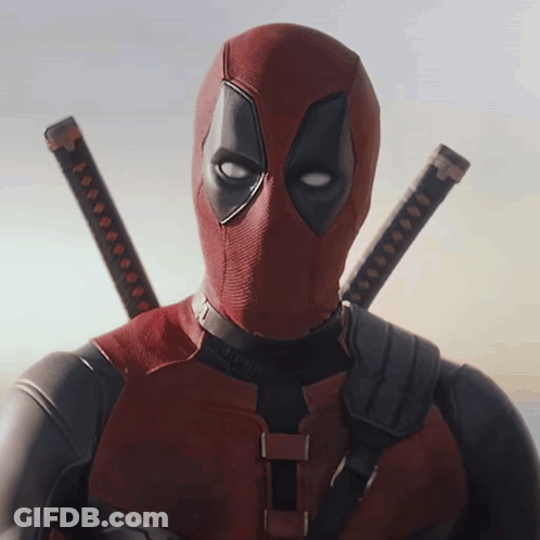 A Man In A Deadpool Costume Has Two Swords Hanging From His Shoulders GIF