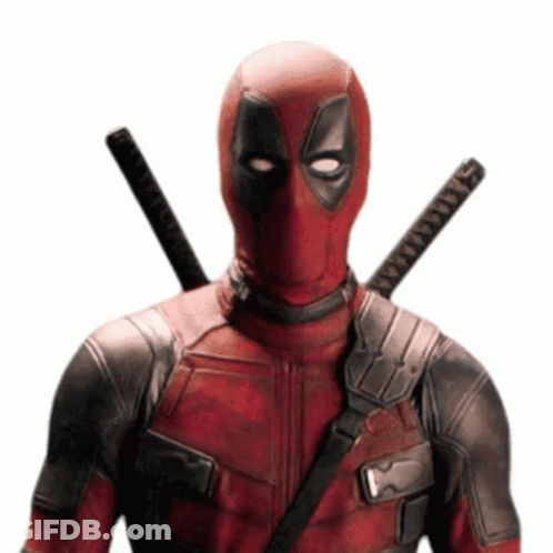 A Man In A Deadpool Costume Is Holding Two Swords GIF