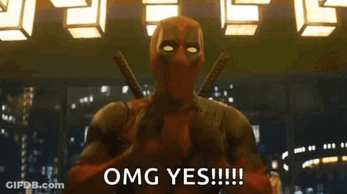 A Man In A Deadpool Costume Is Saying " Omg Yes " GIF