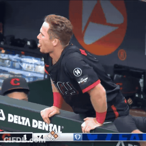 A Man In A Delta Dental Jersey Leans Over A Dugout Wall GIF