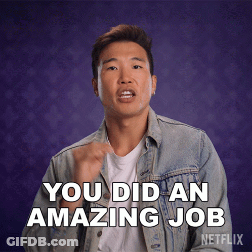 A Man In A Denim Jacket Says You Did An Amazing Job On A Purple Background GIF