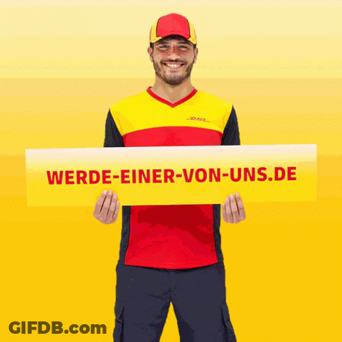 A Man In A Dhl Shirt Is Holding A Sign That Says Jetzt Bewerfen GIF
