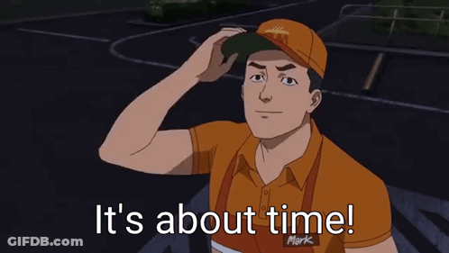 A Man In A Fast Food Uniform Says It 'S About Time While Holding Something In His Hand GIF