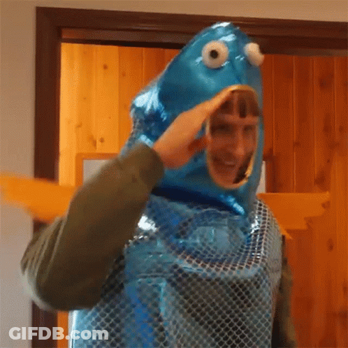 Man In Fish Costume In Front Of Door GIF
