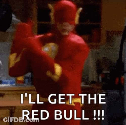 A Man In A Flash Costume Is Saying `` I 'Ll Get The Red Bull !!! '' . GIF