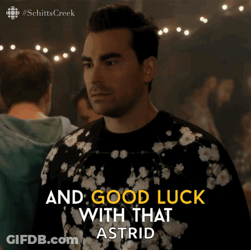 A Man In A Floral Shirt Says Good Luck With That Astrid GIF
