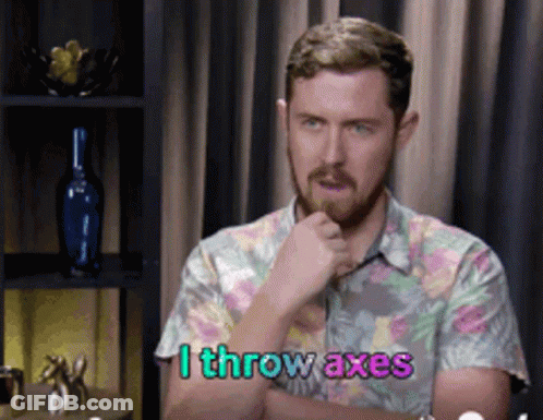 A Man In A Floral Shirt Says I Throwaxes GIF