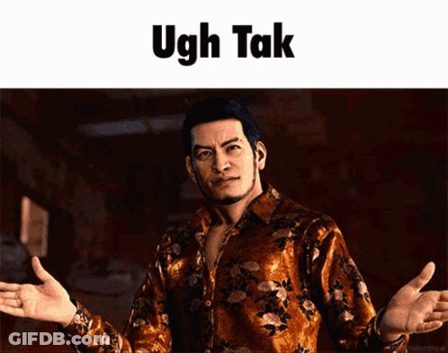 A Man In A Floral Shirt With The Words Ugh Tak On The Top GIF