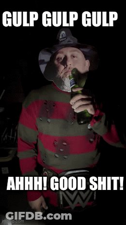 A Man In A Freddy Krueger Costume Is Drinking From A Bottle GIF