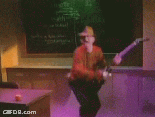 A Man In A Freddy Krueger Costume Is Playing A Guitar In Front Of A Blackboard GIF
