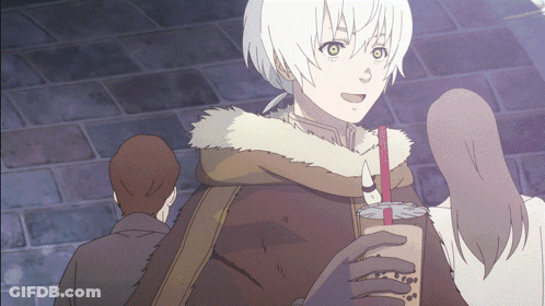 A Man In A Fur Coat Is Holding A Bubble Tea Cup GIF