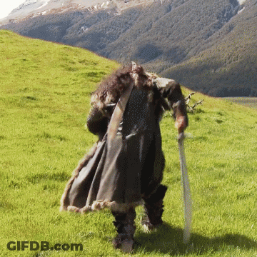 A Man In A Fur Coat Is Holding A Sword In A Field GIF