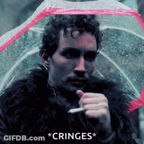 A Man In A Fur Coat Is Holding An Umbrella And Smoking A Cigarette In The Rain . GIF