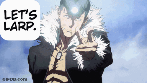 A Man In A Fur Coat Points At The Camera With The Words Let 'S Larp Above Him GIF