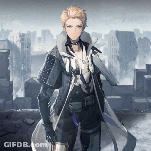 A Man In A Futuristic Outfit Is Standing In Front Of A City With Buildings In The Background GIF