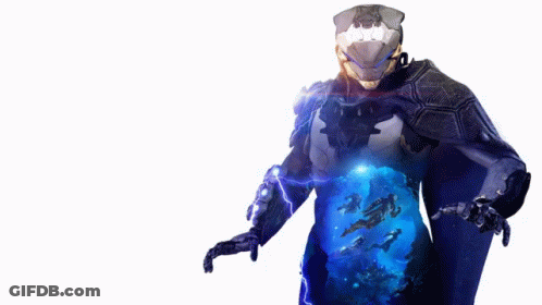 A Man In A Futuristic Suit With A Helmet On Stands In Front Of A White Background GIF
