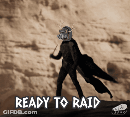 A Man In A Gas Mask Holding A Wand And The Words Ready To Raid GIF