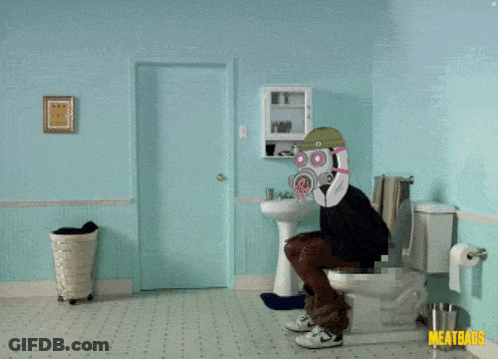 A Man In A Gas Mask Is Jumping Over A Toilet In A Bathroom That Says Meatbag GIF