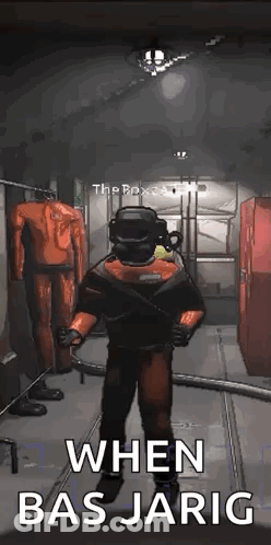 A Man In A Gas Mask Is Standing In A Room In A Video Game And Says `` When Bas Jarig '' . GIF