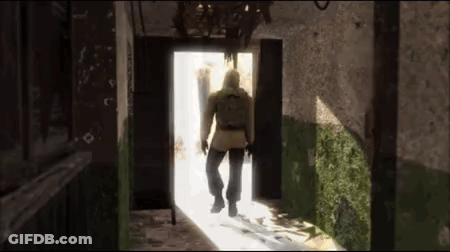A Man In A Gas Mask Is Walking Through A Doorway . GIF
