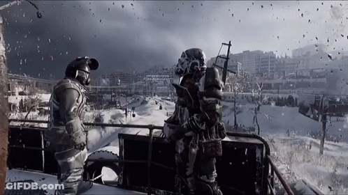 Men In Gas Masks Standing Next To Each Other GIF