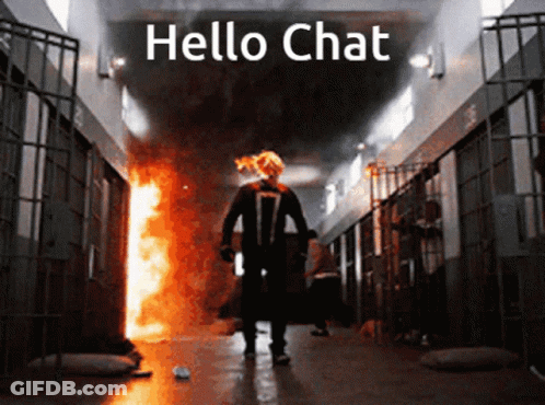 A Man In A Ghost Rider Costume Is Standing In A Hallway With The Words Hello Chat Written Above Him GIF