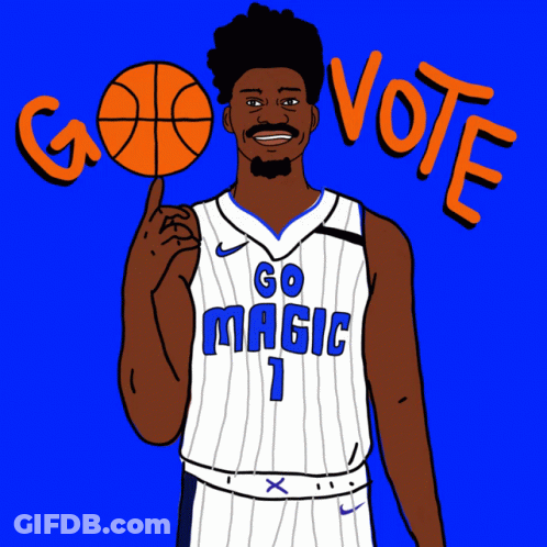 A Man In A Go Magic Jersey Holds A Basketball Above His Finger GIF