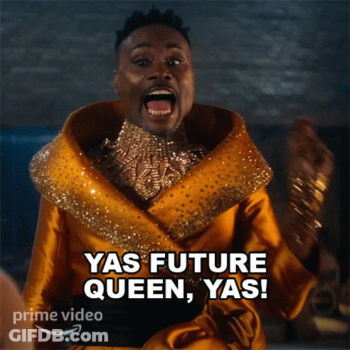 A Man In A Gold Outfit Says Yas Future Queen GIF