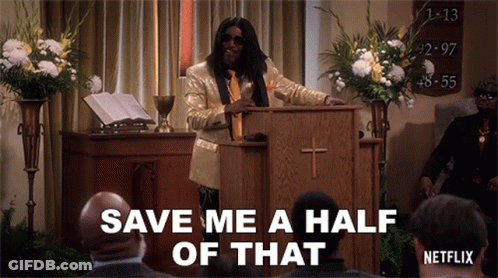 A Man In A Gold Suit Stands At A Podium With The Words Save Me A Half Of That GIF