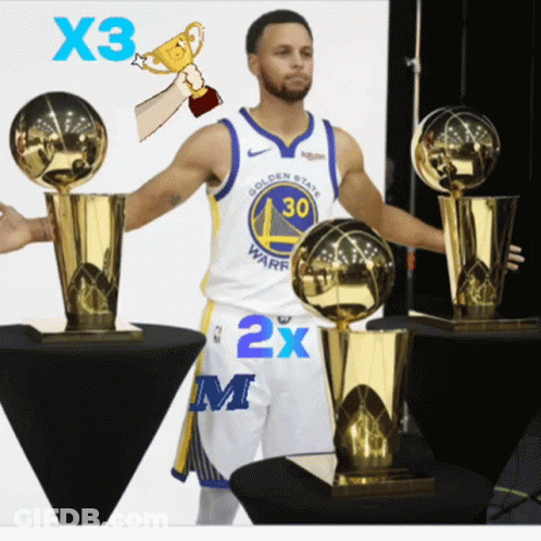 A Man In A Golden State Warriors Jersey Holds A Trophy In His Hands GIF