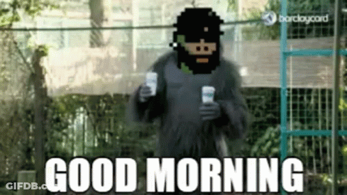 A Man In A Gorilla Costume Is Holding A Can Of Soda And Says Good Morning GIF