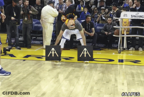 A Man In A Gorilla Mask Stands On A Basketball Court With A Sign That Says A On It GIF