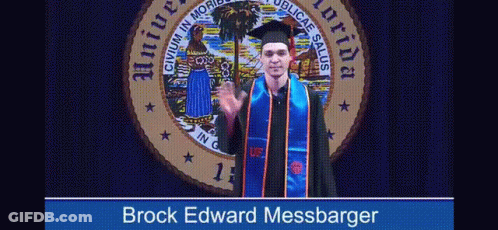A Man In A Graduation Cap And Gown Stands In Front Of A Florida Seal GIF