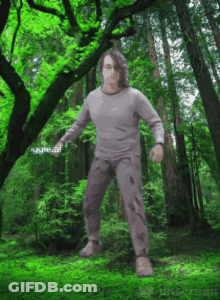 A Man In A Gray Shirt Is Standing In The Middle Of The Forest GIF