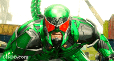 A Man In A Green And Black Superhero Costume With Red Eyes GIF