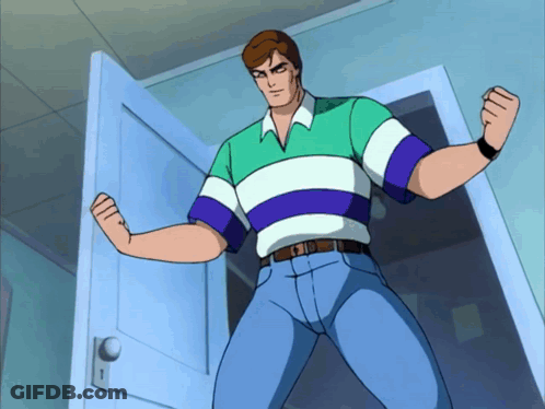 A Man In A Green And Purple Striped Shirt Is Standing In Front Of A Door GIF