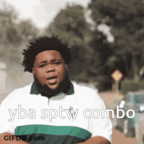 A Man In A Green And White Striped Shirt With The Words Yba Sptw Combo GIF