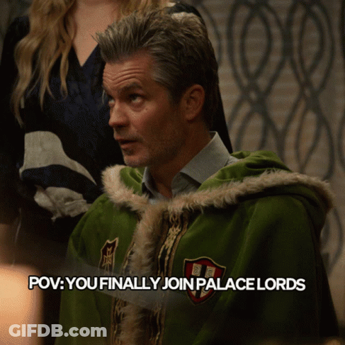 A Man In A Green Cape With The Words " You Finally Join Palace Lords " On The Bottom GIF