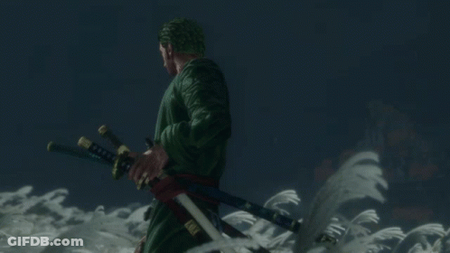 A Man In A Green Coat Holding A Sword In A Field GIF