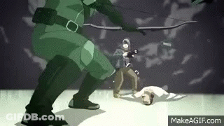 A Man In A Green Costume Is Holding A Bow And Arrow While Another Man Is Laying On The Ground . GIF