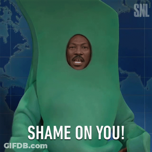 A Man In A Green Costume With A Hole In His Head Says Shame On You GIF