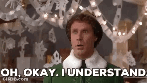 A Man In A Green Elf Costume Is Saying `` Oh , Okay , I Understand '' In Front Of Christmas Lights . GIF