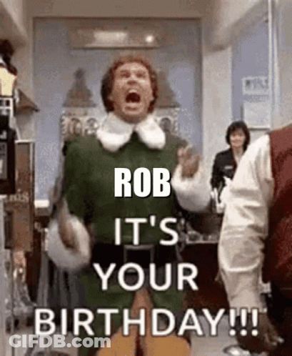 A Man In A Green Elf Costume Is Screaming And Saying `` Rob It 'S Your Birthday !!! '' . GIF