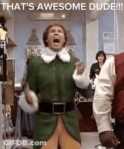 A Man In A Green Elf Costume Is Screaming With The Caption That 'S Awesome Dude ! GIF
