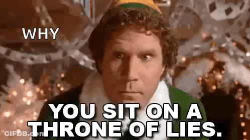 A Man In A Green Elf Costume Is Sitting On A Throne Of Lies In Front Of A Christmas Tree . GIF