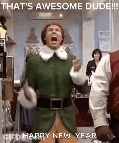 A Man In A Green Elf Costume Is Standing In A Room With His Mouth Open And Shouting . GIF