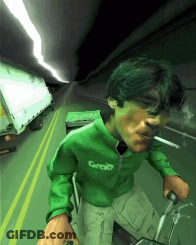 A Man In A Green Groo Jacket Is Smoking A Cigarette While Riding A Bike GIF