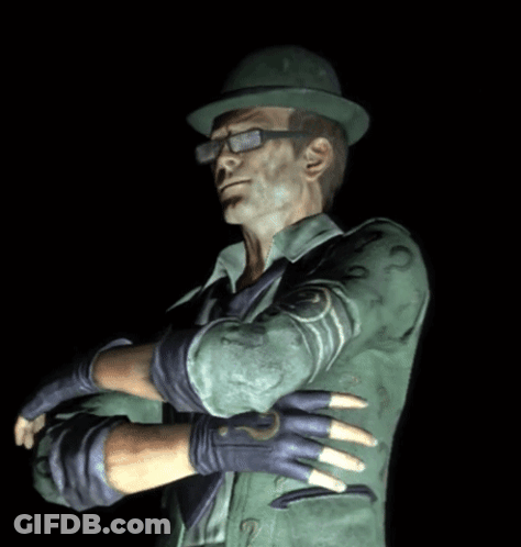 A Man In A Green Hat And Gloves With A Question Mark On His Arm GIF