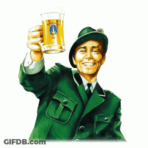 A Man In A Green Jacket Holds Up A Glass Of Beer With The Word Pils On It GIF